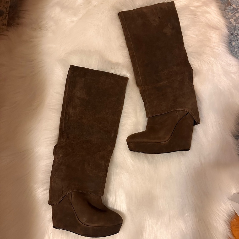 ELIZABETH & JAMES Brown Nubuck Knee-High platform Wedge Boots
